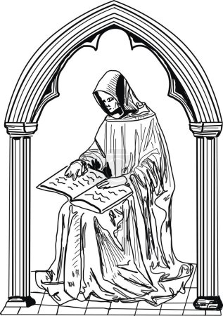 Ilustración de Ilustración de un monje medieval leyendo un libro, arco gótico, estilo manuscrito iluminado en madera - Imagen libre de derechos