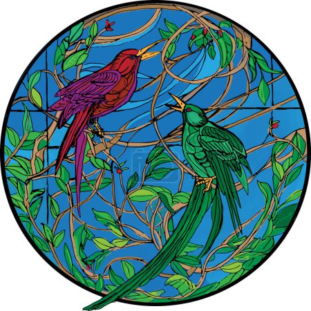 Illustration for Stained glass round window of two parrot birds sitting on vines and plants, blue background - Royalty Free Image