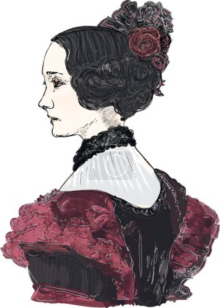 Portrait illustration of Ada Lovelace (1815-1852), early computer scientist and mathematician, in a red lace dress with hair up.