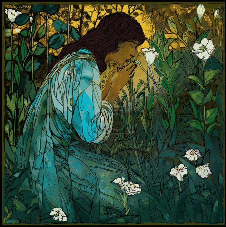 Illustration for Woman of color kneeling in field of white lilies and tall grass, hands clasped in prayer - Royalty Free Image