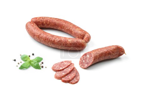 Photo for Stick of dried or smoked sausage, sliced salami with spices and fresh herbs isolated on white background. Meat sausage, top view - Royalty Free Image