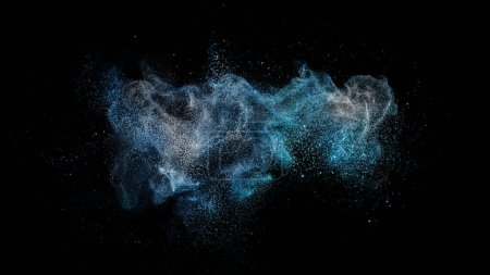 Téléchargez les photos : Nuage de couleur bleue paillettes de poussière d'étoiles dans l'air sur fond noir pour le mode de mélange superposition. Arrêt du mouvement des particules colorées de la galaxie, mise au point sélective, large bannière - en image libre de droit
