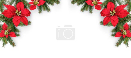 Foto de Feliz Navidad marco hecho de ramas de abeto y flores rojas de vacaciones sobre fondo blanco. Feliz Año Nuevo y Navidad, vista superior, bandera ancha - Imagen libre de derechos