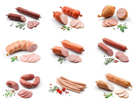 Photo for Raw meat sausages in caserola isolated on white background. Meat food, top view - Royalty Free Image