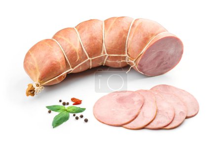 Photo for Stick of boiled pork sausage, sliced smoked ham, gammon with spices and fresh herbs isolated on white background. Meat boiled sausage, top view - Royalty Free Image