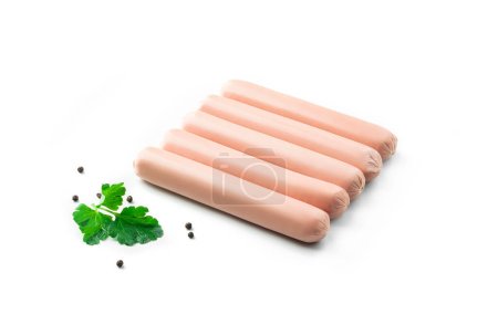 Photo for Classic sausages with spices and fresh herbs isolated on white background. Meat sausage, top view - Royalty Free Image