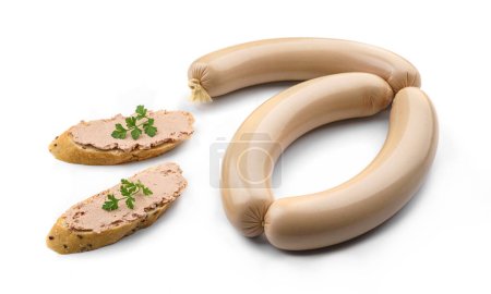 Foto de Palo de paté de carne y sándwiches con paté y verduras aisladas sobre fondo blanco. Salchicha de carne, vista superior - Imagen libre de derechos