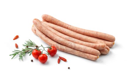 Photo for Sticks of dried or smoked sausage, ham, sliced chicken sausage with spices and fresh herbs isolated on white background. Meat sausage, top view - Royalty Free Image