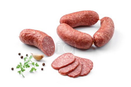 Photo for Stick of dried or smoked sausage, sliced salami with spices and fresh herbs isolated on white background. Meat sausage, top view - Royalty Free Image
