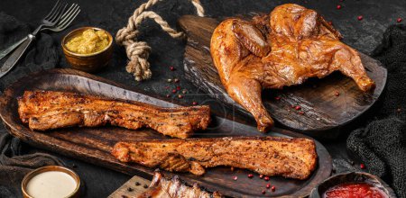 Photo for Grilled chicken or quail, meat tenderloin with spices and sauce on wooden board over dark stone background. Meat food, close up - Royalty Free Image