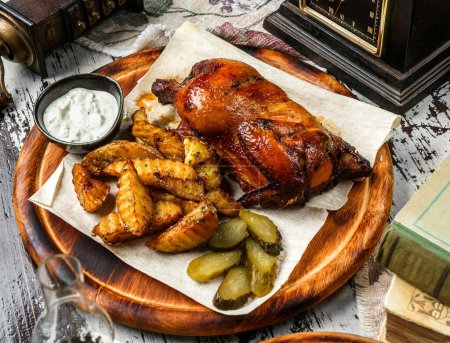 Téléchargez les photos : Barbecue grillé poulet entier avec pommes de terre et cornichons sur fond en bois avec des verres de vodka. Nourriture de vacances, vue dégagée - en image libre de droit