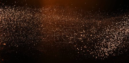 Téléchargez les photos : Nuage doré paillettes de poussière d'étoiles avec de la lumière, bokeh dans l'air sur fond noir pour le mode de mélange superposition. Arrêt du mouvement des particules colorées, mise au point sélective, large bannière - en image libre de droit