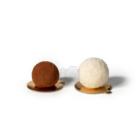 Photo for Chocolate truffle and coconut truffle balls isolated on white background. Candy bar, sweets and dessert - Royalty Free Image