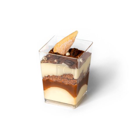 Photo for Tiramisu with caramel and coffee in glass cup on white background. Candy bar, sweets and dessert, selective focus - Royalty Free Image