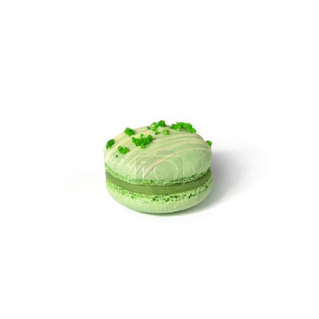 Photo for Green pistachio macaroon cookie isolated on white background. Candy bar, sweets and dessert, selective focus - Royalty Free Image