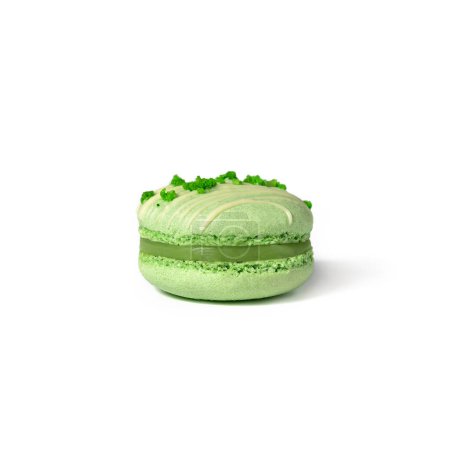 Photo for Green pistachio macaroon cookie isolated on white background. Candy bar, sweets and dessert, selective focus - Royalty Free Image