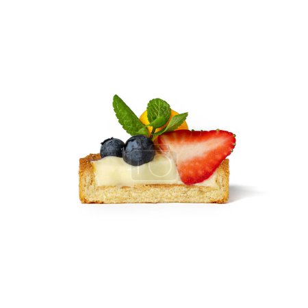 Photo for Half tartlet with whipped cream and berries on white background. Candy bar, sweets and dessert, cake cut in half - Royalty Free Image
