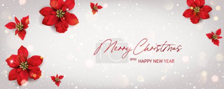 Ilustración de Red Merry texto de Navidad sobre fondo blanco de Navidad con purpurina, bokeh y flores de Navidad poinsettia. Tarjeta de vacaciones. Ilustración vectorial - Imagen libre de derechos