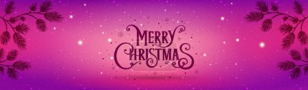 Illustration for Merry Christmas text on pink Xmas background with glitter, bokeh and fir branches. Holiday card. Vector Illustration - Royalty Free Image