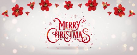 Ilustración de Red Merry texto de Navidad sobre fondo blanco de Navidad con purpurina, bokeh y flores de Navidad poinsettia. Tarjeta de vacaciones. Ilustración vectorial - Imagen libre de derechos