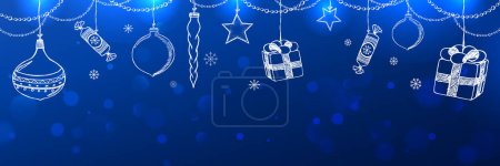 Illustration for Hand drawn gifts, balls, decorations, stars and garlands on blue holiday background. Merry Christmas and New Year background with glitter, bokeh, sparkles. Vector Illustration - Royalty Free Image
