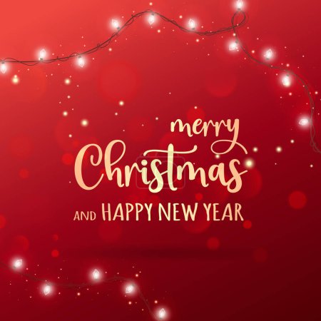 Illustration for Gold Christmas and New Year Text lettering on red Xmas background with glowing lights garland, glitter, bokeh and snowflakes. Xmas card. Vector Illustration - Royalty Free Image