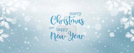 Ilustración de Feliz Navidad y Feliz Año Nuevo texto sobre fondo azul nevado de Navidad con purpurina, bokeh y ramas de abeto. Tarjeta navideña. Ilustración vectorial - Imagen libre de derechos