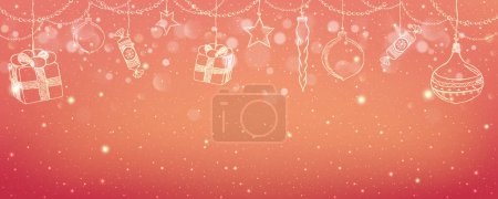 Téléchargez les illustrations : Joyeux Noël fond rouge avec des décorations dorées dessinées à la main, flocons de neige, lumière, étoiles paillettes, bokeh, guirlandes. Thème Noël et Nouvel An. Illustration vectorielle - en licence libre de droit