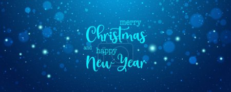 Ilustración de Feliz Navidad y Feliz Año Nuevo texto sobre fondo azul nevado de Navidad con brillo, bokeh. Tarjeta navideña. Ilustración vectorial - Imagen libre de derechos