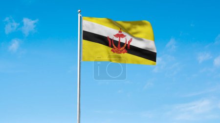 High detailed flag of Brunei. National Brunei flag. Asia. 3D Render. Sky Background.