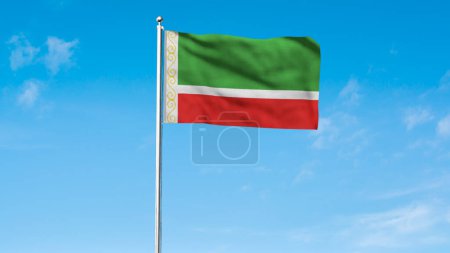 Haut drapeau détaillé de la République tchétchène. Drapeau de la République tchétchène. Illustration 3D. Contexte du ciel.