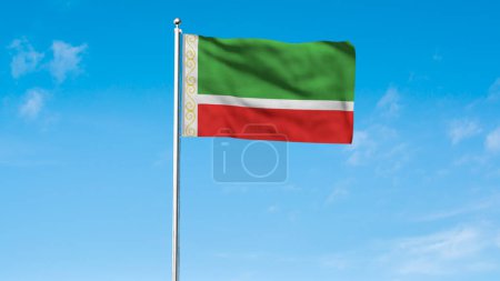 Alta bandera detallada de República de Chechenia. Bandera de la República Nacional de Chechenia. Ilustración 3D. Cielo Fondo.