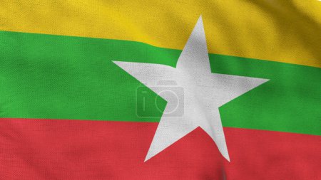 High detailed flag of Myanmar. National Myanmar flag. Asia. 3D illustration.