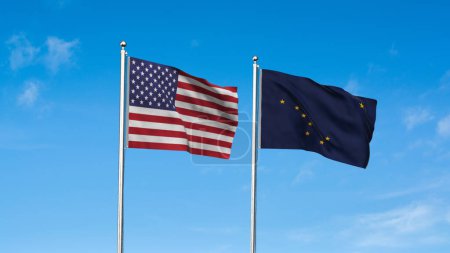 Alaska and American Flag together. High detailed waving flag of Alaska and USA. Alaska state flag. USA. 3D Illustration.