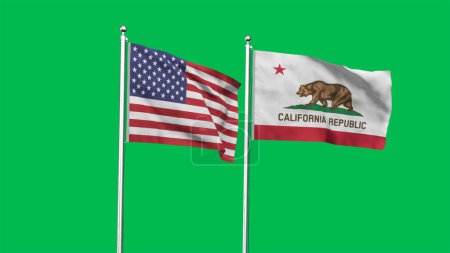 Californie et drapeau américain ensemble. Haut drapeau d'agitation détaillé de la Californie et des États-Unis. Drapeau de Californie. États-Unis. Illustration 3D.