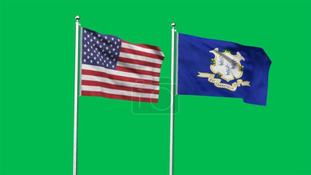 Connecticut and American Flag together. High detailed waving flag of Connecticut and USA. Connecticut state flag. USA. 3D Illustration.