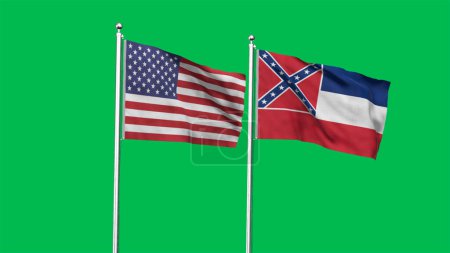 Mississippi und amerikanische Flagge zusammen. Hoch detailliert schwenkende Flaggen von Mississippi und den USA. Mississippi-Flagge. USA. 3D-Illustration.