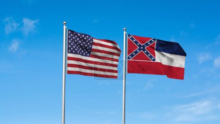 Mississippi und amerikanische Flagge zusammen. Hoch detailliert schwenkende Flaggen von Mississippi und den USA. Mississippi-Flagge. USA. 3D-Illustration.