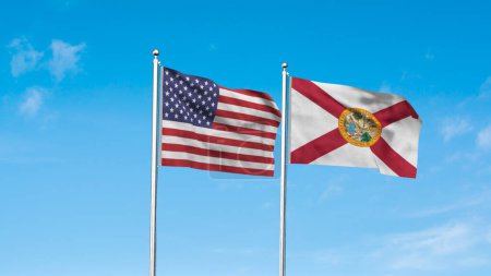 Florida and American Flag together. High detailed waving flag of Florida and USA. Florida state flag. USA. 3D Illustration.