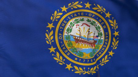 Hoch detaillierte Flagge von New Hampshire. Flagge des Bundesstaates New Hampshire, Flagge des Bundesstaates New Hampshire. Flagge des Bundesstaates New Hampshire. USA. Amerika. 3D-Illustration