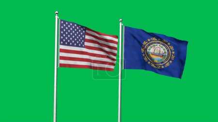 New Hampshire and American Flag together. High detailed waving flag of New Hampshire and USA. New Hampshire state flag. USA. 3D Illustration.