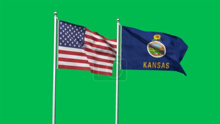 Kansas and American Flag together. High detailed waving flag of Kansas and USA. Kansas state flag. USA. 3D Illustration.