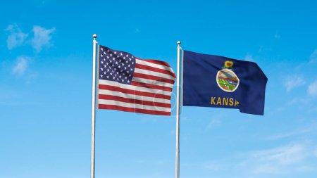 Kansas and American Flag together. High detailed waving flag of Kansas and USA. Kansas state flag. USA. 3D Illustration.