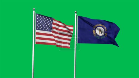 Kentucky and American Flag together. High detailed waving flag of Kentucky and USA. Kentucky state flag. USA. 3D Illustration.