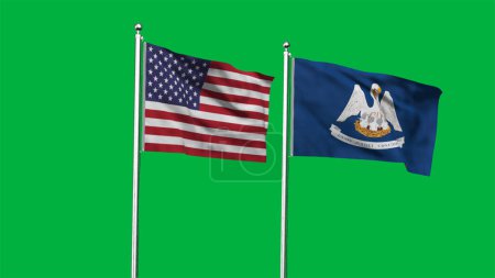 Louisiana and American Flag together. High detailed waving flag of Louisiana and USA. Louisiana state flag. USA. 3D Illustration.