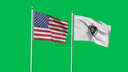 Massachusetts and American Flag together. High detailed waving flag of Massachusetts and USA. Massachusetts state flag. USA. 3D Illustration.