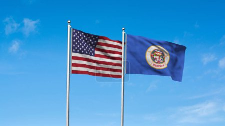 Minnesota and American Flag together. High detailed waving flag of Minnesota and USA. Minnesota state flag. USA. 3D Illustration.