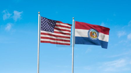 Missouri and American Flag together. High detailed waving flag of Missouri and USA. Missouri state flag. USA. 3D Illustration.