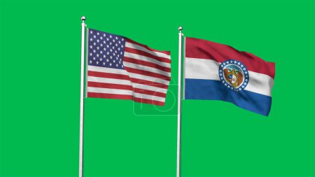Missouri y American Flag juntos. Alta bandera ondeante detallada de Missouri y Estados Unidos. Bandera del estado de Missouri. Estados Unidos. Ilustración 3D.