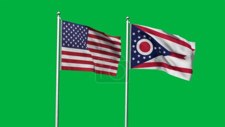 Ohio y American Flag juntos. Alta bandera ondeante detallada de Ohio y Estados Unidos. Bandera del estado de Ohio. Estados Unidos. Ilustración 3D.